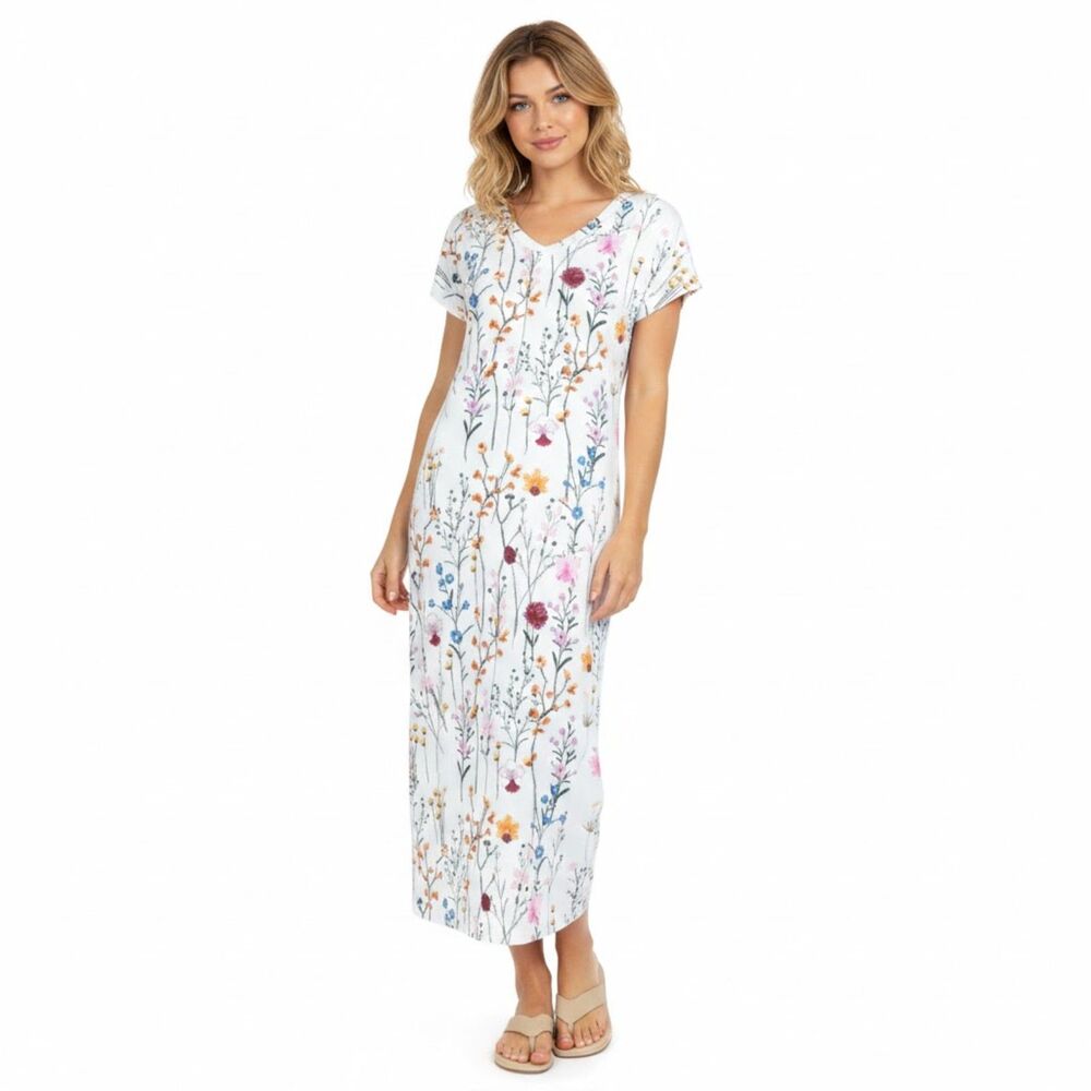 Noracora White Multicolored Floral V-Neck Cap Sleeve Casual Maxi Dress